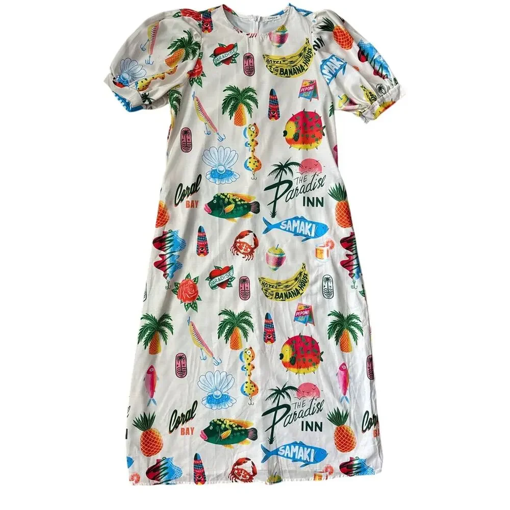Sunday Up Paradise Printed Puff Sleeve Midi Dress Beige Multi Size Medium - Picture 9 of 11